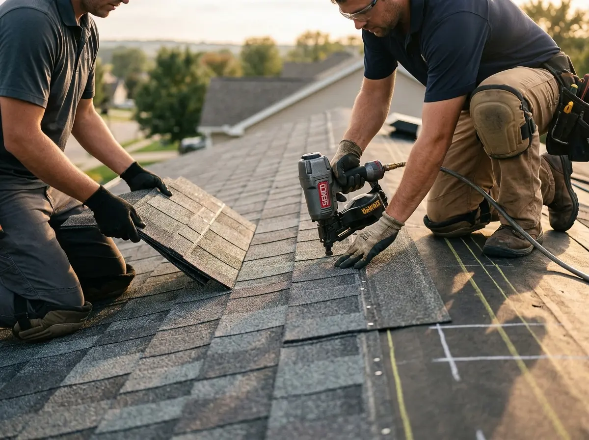 Professional roofer working on a residential roof in Concord